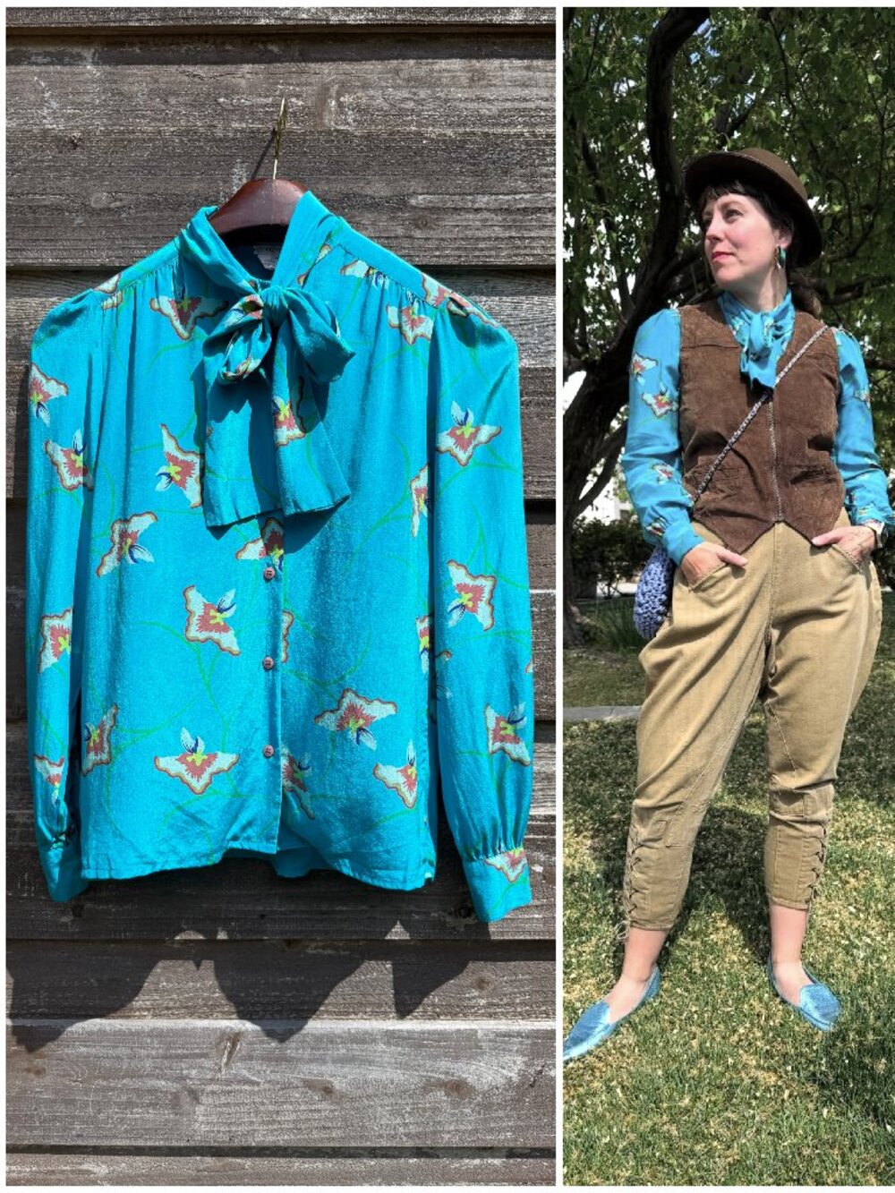 Vintage 70s Teal Silk Floral Print Pussybow Secretary Blouse Medium
